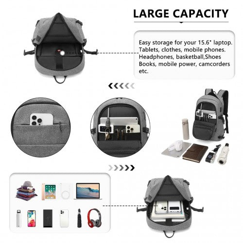 Kono Multi-Compartment Water Resistant Backpack with USB Charging Port - Grey