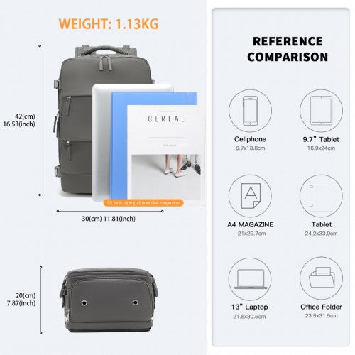 Kono Multifunctional Breathable Travel Backpack With USB Charging Port And Separate Shoe Compartment - Grey