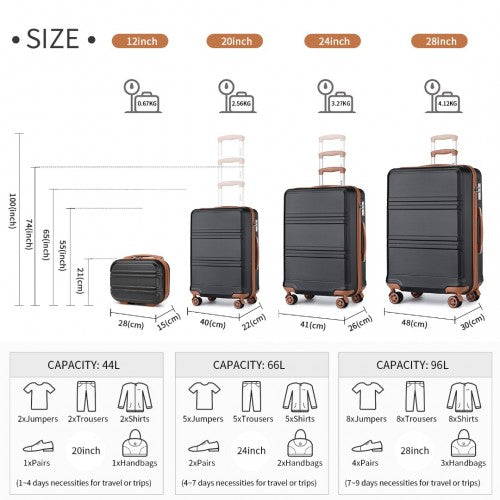 Kono Abs Sculpted Horizontal Design 4 Pcs Suitcase Set With Vanity Case - Black And Brown