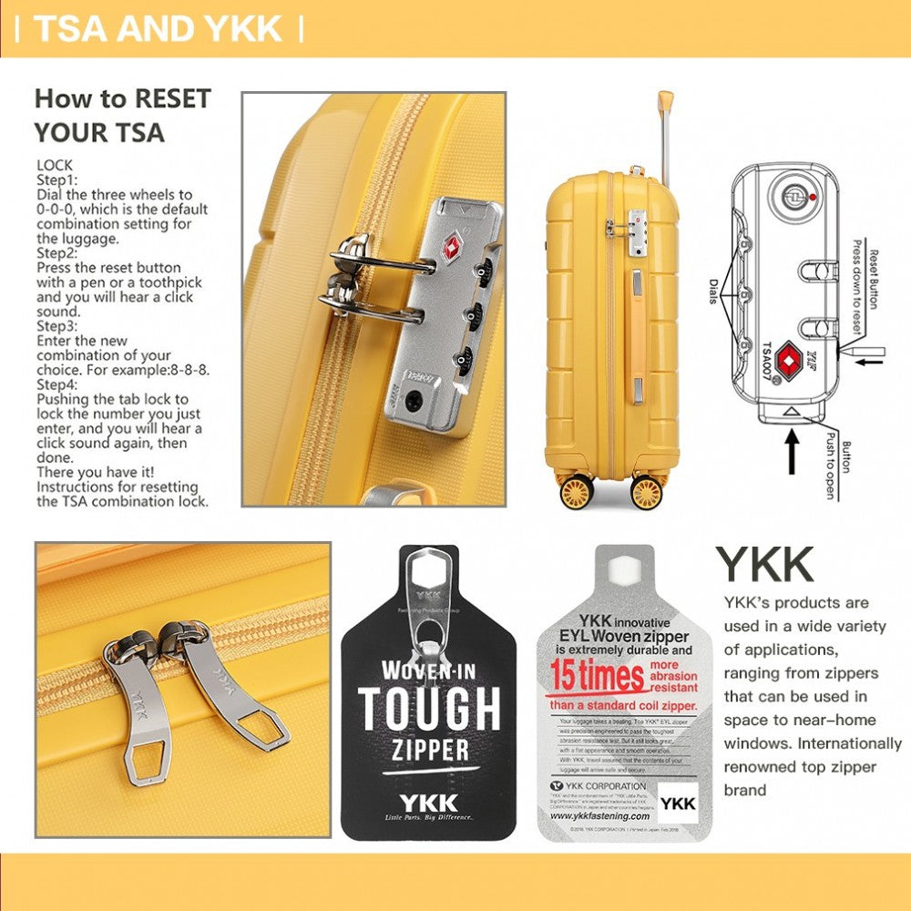 Kono 20 Inch Cabin Size Hard Shell PP Suitcase - Yellow