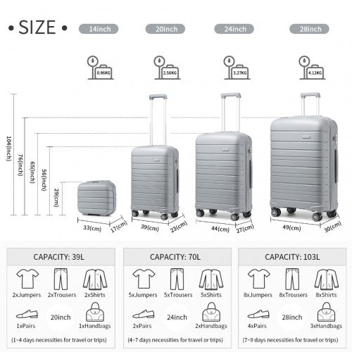 Kono Multi Texture Hard Shell PP Suitcase With TSA Lock and Vanity Case 4 Pieces Set - Classic Collection - Grey