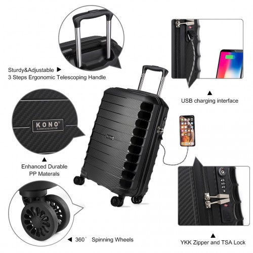 Kono Cabin Size Classic Collection PP Luggage With Charging Interface - Black