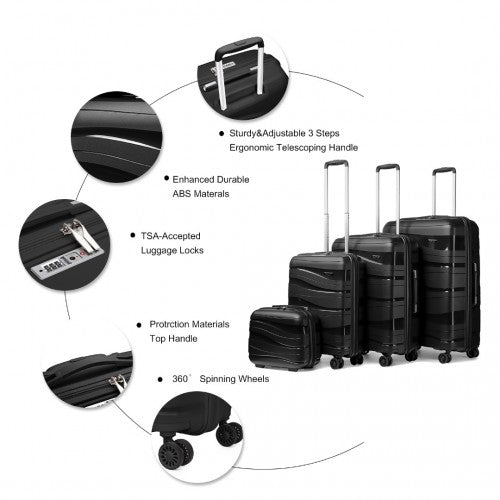 Kono Lightweight PP Hard Shell 4 Piece Suitcase Set With TSA Lock And Vanity Case - Black