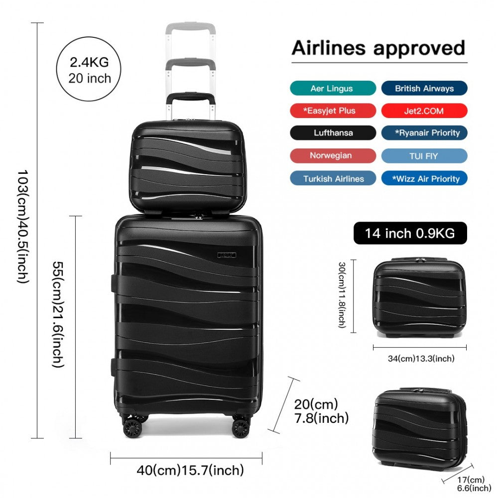 Kono 14/20 Inch Lightweight PP Hard Shell 2 Piece Suitcase Set With TSA Lock And Vanity Case - Black