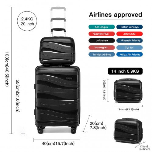 Kono 14/20 Inch Lightweight PP Hard Shell 2 Piece Suitcase Set With TSA Lock And Vanity Case - Black