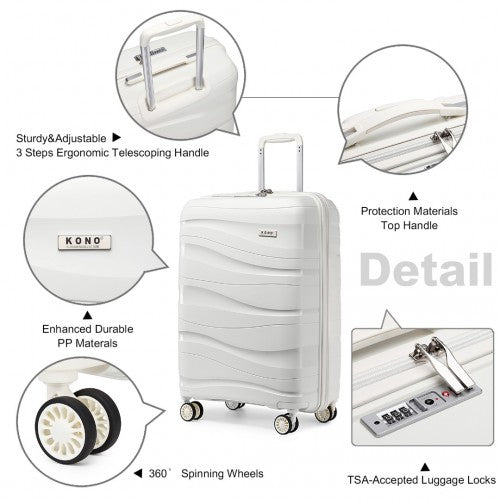 Kono 20 Inch Lightweight PP Hard Shell Suitcase With TSA Lock - White