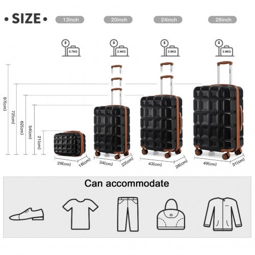 Kono Lightweight Hard Shell Abs Suitcase With TSA Lock And Vanity Case 4 Piece Set - Black And Brown