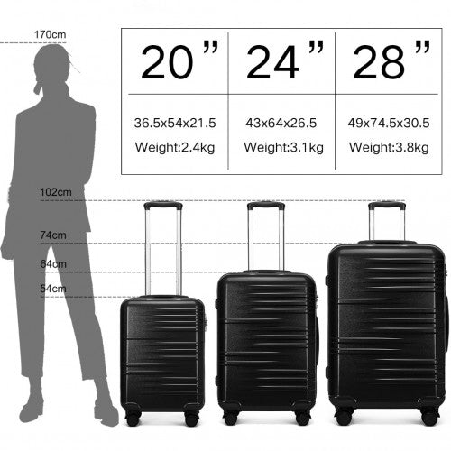 British Traveller 3 Pcs Set Durable Polycarbonate & ABS Hard Shell Suitcase With TSA Lock - Black