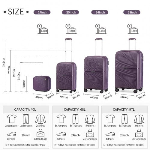 British Traveller 4 Pcs Set Spinner Hard Shell PP Suitcase With TSA Lock And Vanity Case - Purple