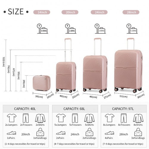 British Traveller 4 Pcs Set Spinner Hard Shell PP Suitcase With TSA Lock And Vanity Case - Nude