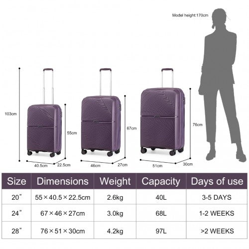 British Traveller 3 PCS 20/24/28 Inch Set Spinner Hard Shell PP Suitcase - TSA Lock - Purple