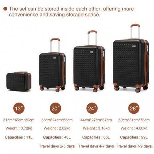 Kono Flexible Hard Shell Abs Suitcase With TSA Lock And Vanity Case 4 Piece Set - Black