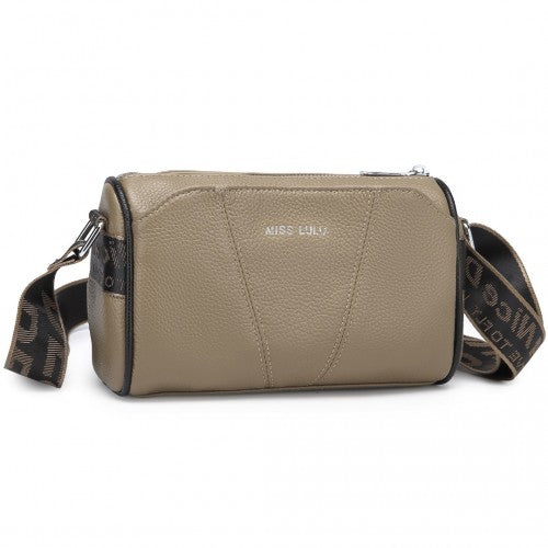 Miss Lulu Simple Elegant Wide Strap Genuine Leather Crossbody Bag - Khaki