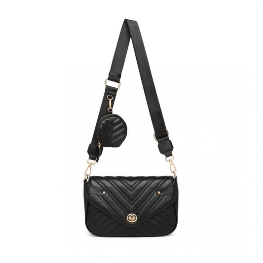 Miss Lulu V-Quilted Flap Leather Shoulder Bag - Black