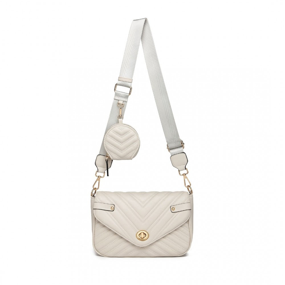 Miss Lulu V-Quilted Flap Leather Shoulder Bag - Grey