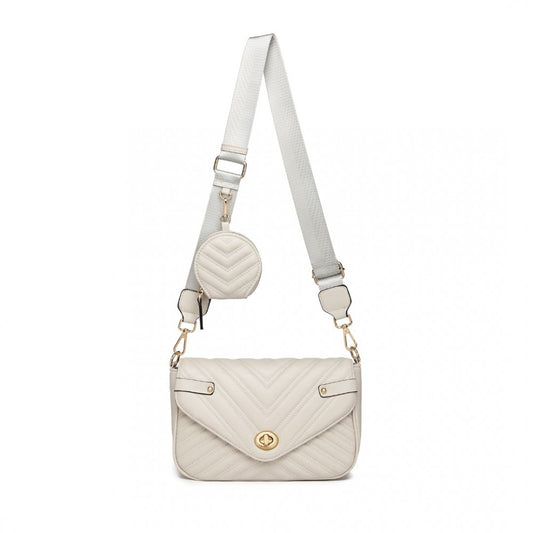 Miss Lulu V-Quilted Flap Leather Shoulder Bag - Grey