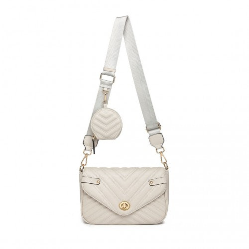 Miss Lulu V-Quilted Flap Leather Shoulder Bag - Grey