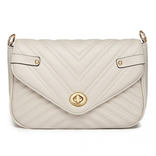 Miss Lulu V-Quilted Flap Leather Shoulder Bag - Grey