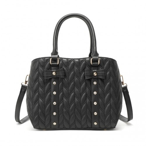 Miss Lulu Chic Quilted PU Leather Tote Handbag With Bow Accents - Black