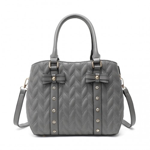 Miss Lulu Chic Quilted PU Leather Tote Handbag With Bow Accents - Grey