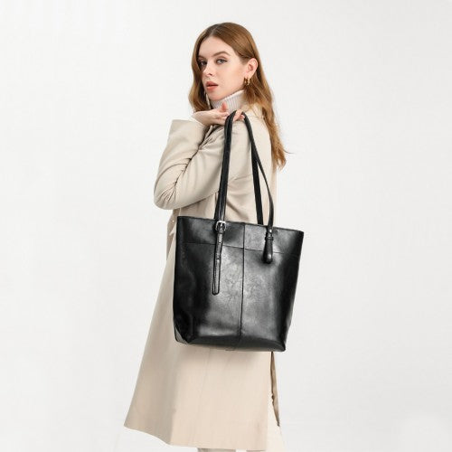 Miss Lulu Genuine Leather Tote Handbag - Black