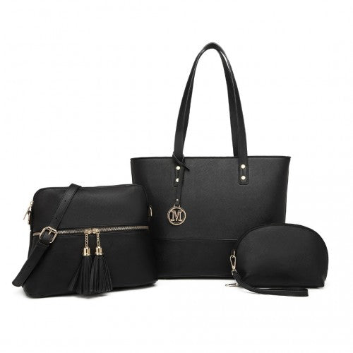 Miss Lulu 3 Piece Leather Look Tote Bag Set - Black