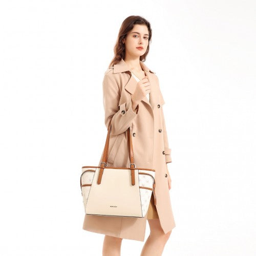 Miss Lulu Elegant Tote Bag With Monogram Pattern - Beige And Brown