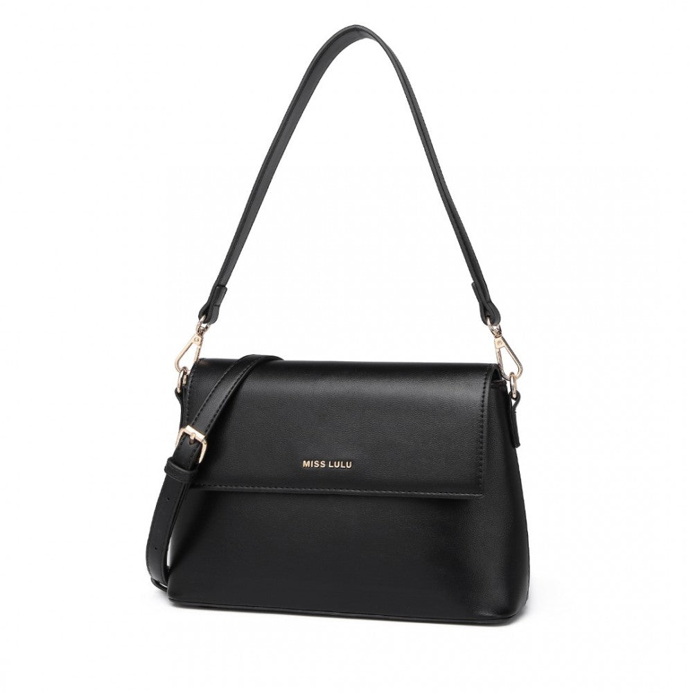 Miss Lulu Classic Flap Leather Shoulder Bag - Black