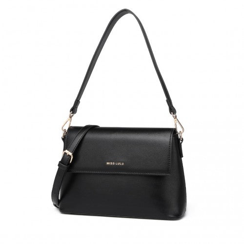 Miss Lulu Classic Flap Leather Shoulder Bag - Black