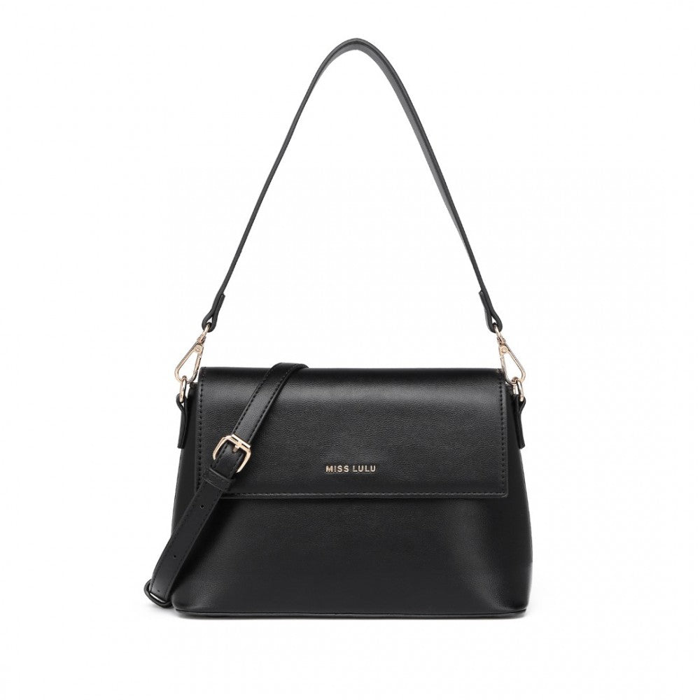 Miss Lulu Classic Flap Leather Shoulder Bag - Black