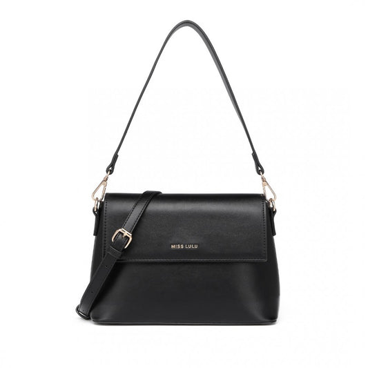 Miss Lulu Classic Flap Leather Shoulder Bag - Black