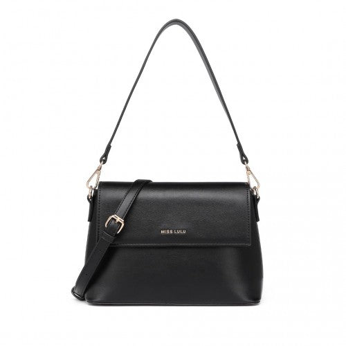 Miss Lulu Classic Flap Leather Shoulder Bag - Black