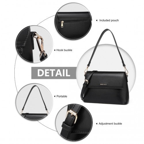 Miss Lulu Classic Flap Leather Shoulder Bag - Black