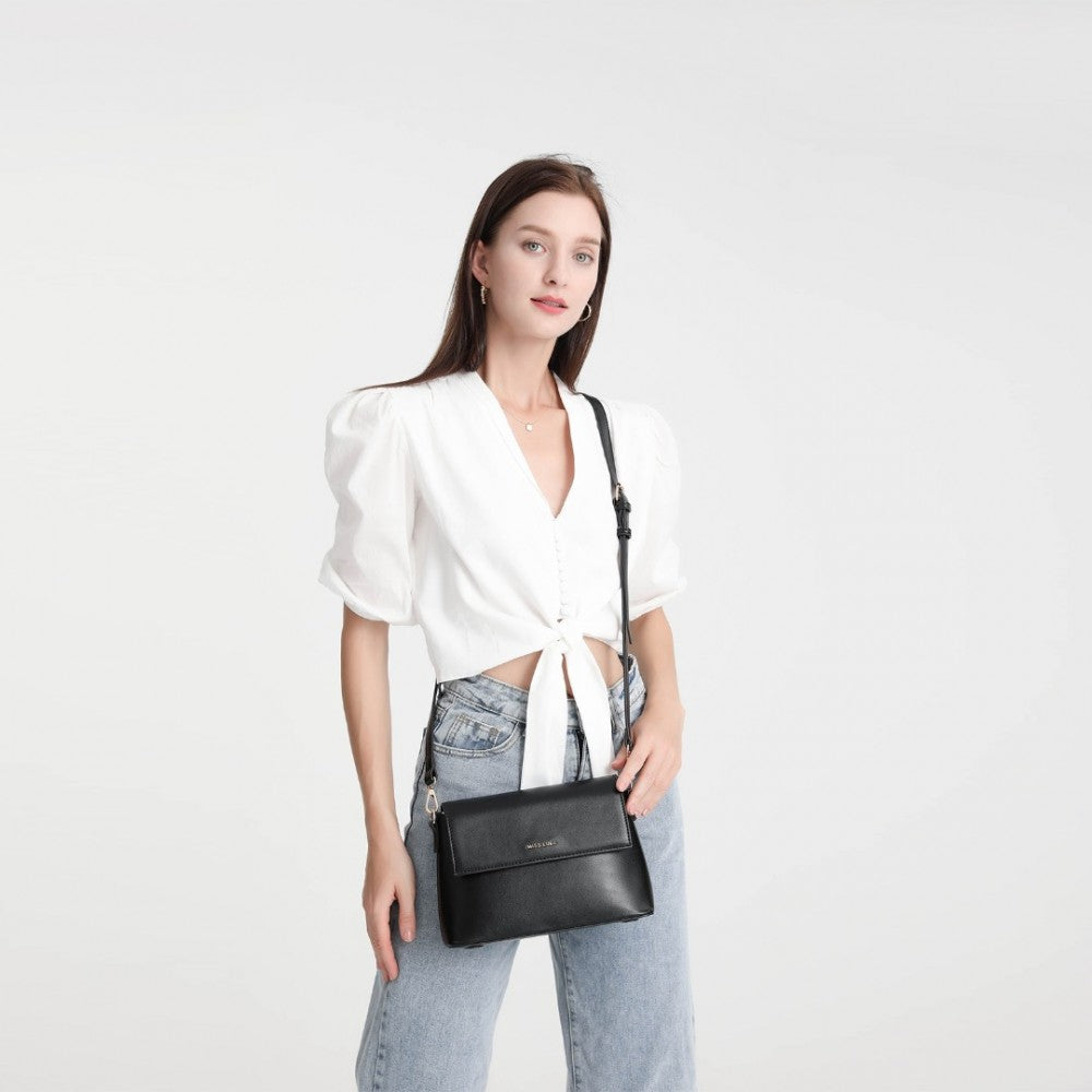 Miss Lulu Classic Flap Leather Shoulder Bag - Black