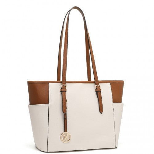 Miss Lulu Faux Leather Adjustable Handle Tote Bag - Beige And Light Brown