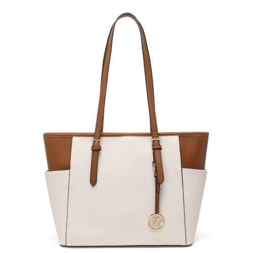 Miss Lulu Faux Leather Adjustable Handle Tote Bag - Beige And Light Brown