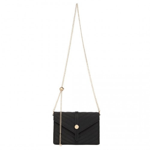 Miss Lulu V-Stitched Flap Leather Chain Bag - Black