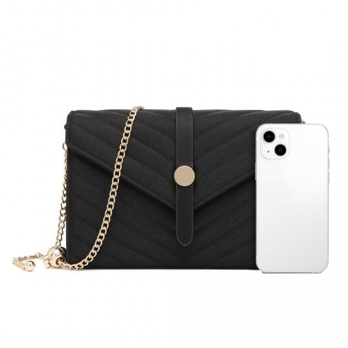 Miss Lulu V-Stitched Flap Leather Chain Bag - Black