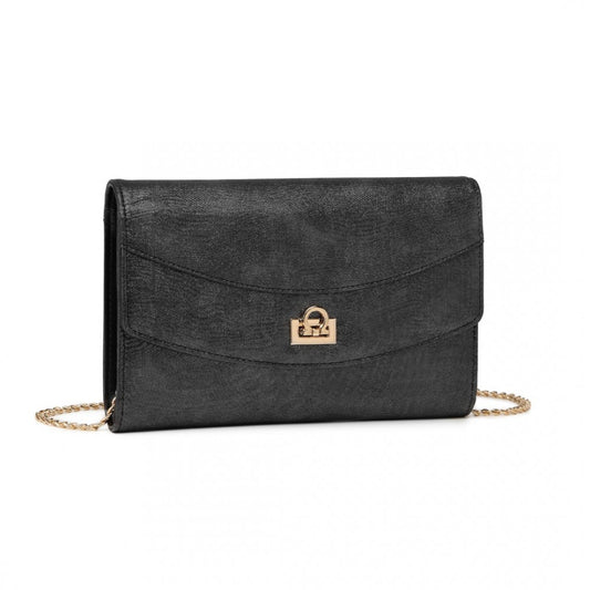 Miss Lulu Elegant Flap Clutch Leather Chain Evening Bag -Black