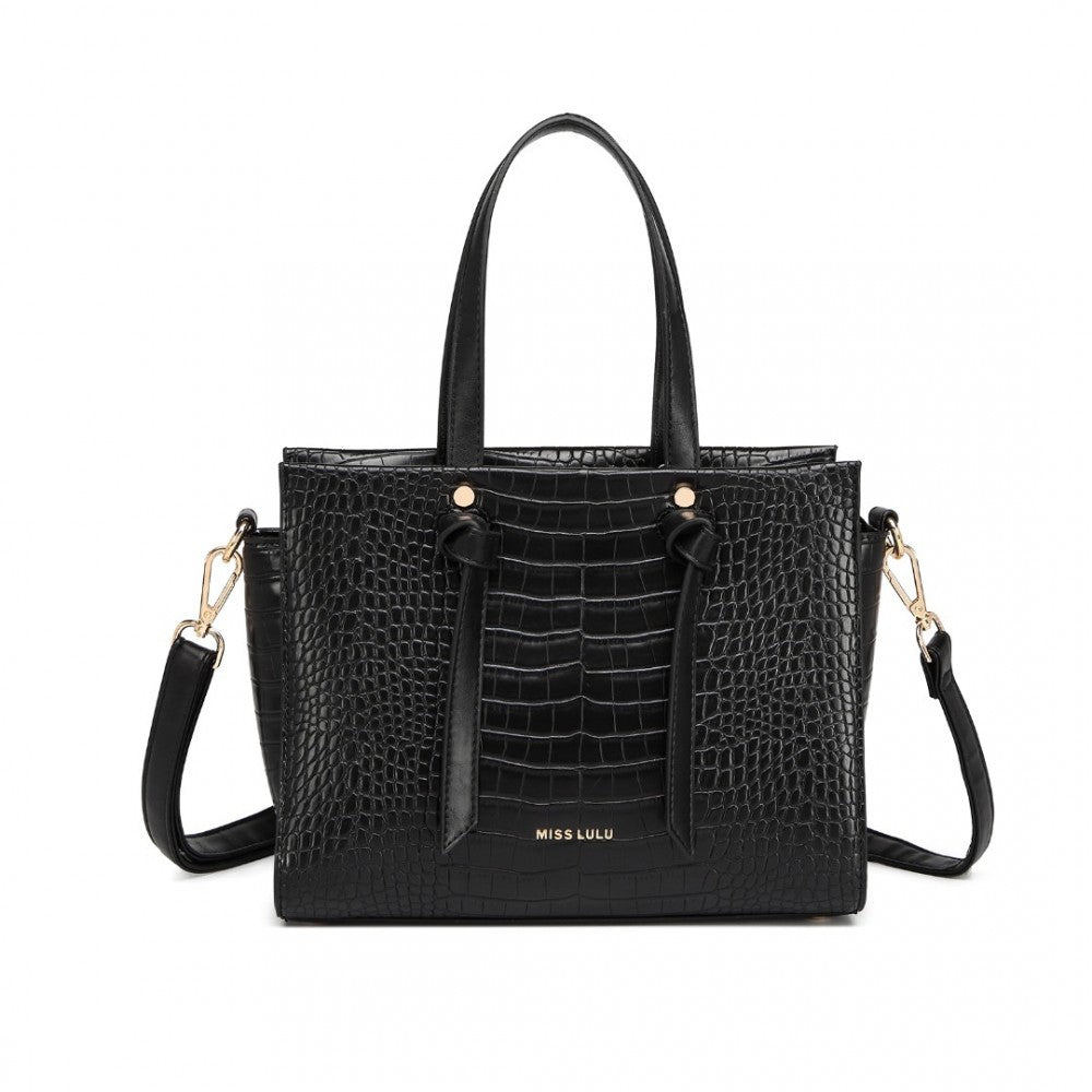 Miss Lulu Crocodile Pattern Large Capacity Leather Cross-Body Handbag - Black