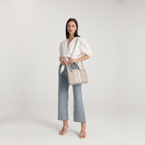 Miss Lulu White Striped Commuter Elegant Cross Body Tote Bag - Grey