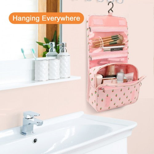 Classic Hanging Multi-Pocket Waterproof Travel Makeup Bag With Cactus Pattern - Pink