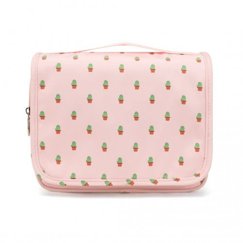 Classic Hanging Multi-Pocket Waterproof Travel Makeup Bag With Cactus Pattern - Pink