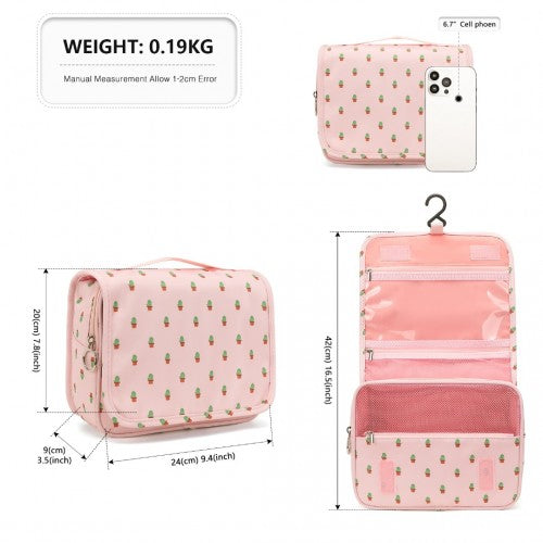 Classic Hanging Multi-Pocket Waterproof Travel Makeup Bag With Cactus Pattern - Pink