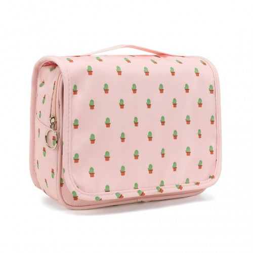 Classic Hanging Multi-Pocket Waterproof Travel Makeup Bag With Cactus Pattern - Pink