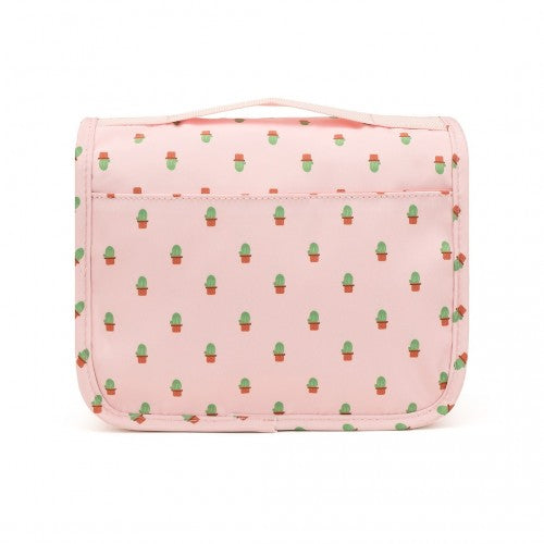 Classic Hanging Multi-Pocket Waterproof Travel Makeup Bag With Cactus Pattern - Pink