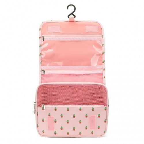 Classic Hanging Multi-Pocket Waterproof Travel Makeup Bag With Cactus Pattern - Pink