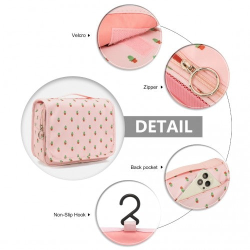 Classic Hanging Multi-Pocket Waterproof Travel Makeup Bag With Cactus Pattern - Pink