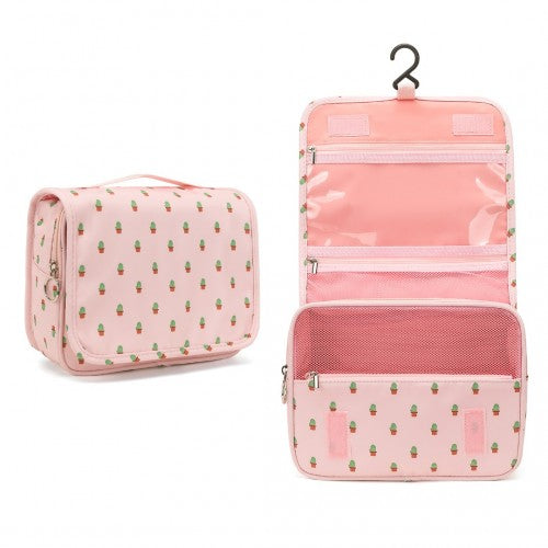 Classic Hanging Multi-Pocket Waterproof Travel Makeup Bag With Cactus Pattern - Pink