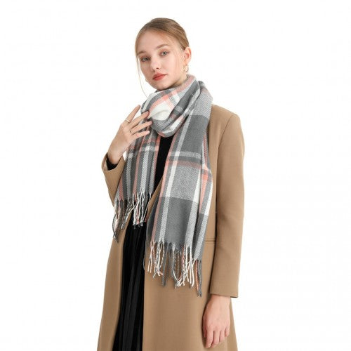 Acrylic Fashion Women's Long Shawl Grid Tassel Winter Warm Oversized Scarf - Grey